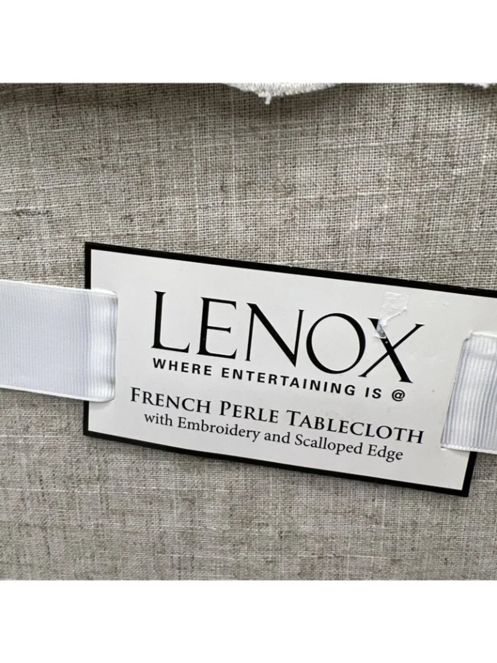 Lenox French Perle Tablecloth Decorative Trim 52x70 Beige Linen Storage Bag